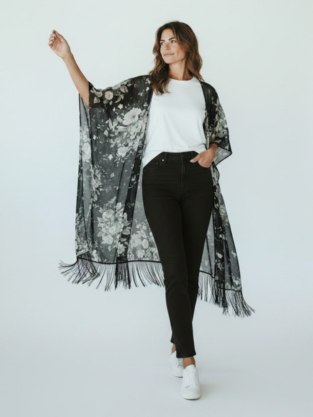 Beautiful B/W floral sheer topper with fringe - One Size fits all!